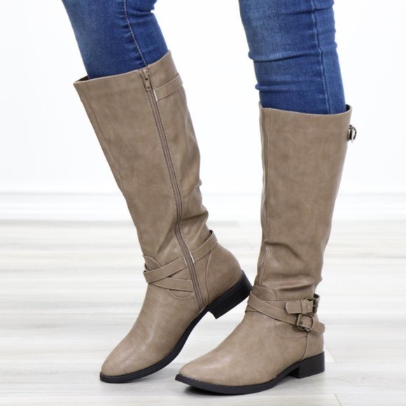 Taupe Rider Chick Mid Calf Boots With Buckles - Picture 10 of 11